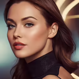 the model wears a black choker with a high ponytail