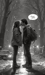 a couple kissing in the street on a snowy day