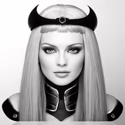a woman with horns on top and her hair in bangs