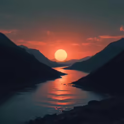 the sun sets over the mountains near a lake