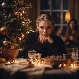 a woman sits at a table in front of a christmas tree