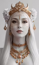 a white mannequin wearing a white head piece with a gold crown