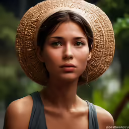 a woman is wearing a straw hat outside