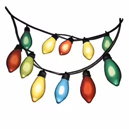 christmas lights hanging from a cable with white background