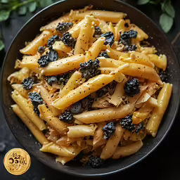 a bowl filled with black pasta and meat sauce