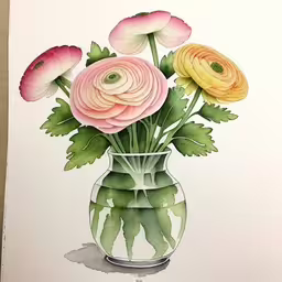 some flowers in a glass of water,there are many flowers in the vase painted
