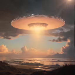 an alien flying saucer over a desert at sunrise