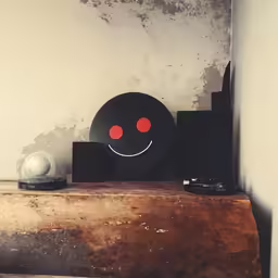 a round face painted on a black and red plate sitting on a table