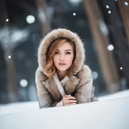 a woman standing in the snow, wearing a fur coat