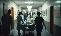 a group of people are walking down a hallway