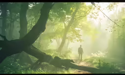 the scene is very misty in the woods