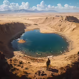 the hikers admire a blue crater with a mountain view in the background
