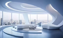 an unusual sofa and a white chair in a large room