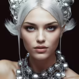 the model wears silver jewelry and big earrings