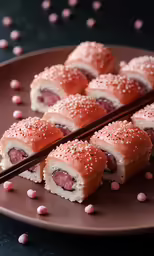 this is some sushi and chop sticks on the plate