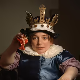 a woman in costume puts a crown on her head