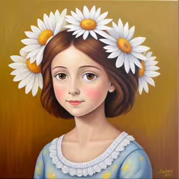 the painting shows a woman with daisies in her hair