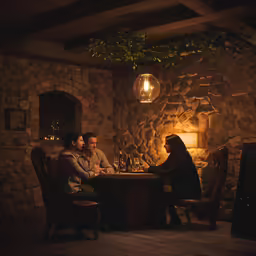 people sitting at a table and talking in a dimly lit area