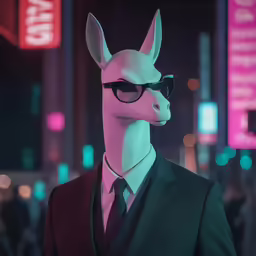 an animated alpaca in a suit and sunglasses