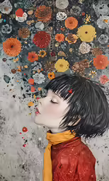 a painting that has flowers on it in front of a person