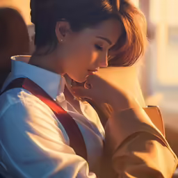 woman in tie and dress shirt sitting with hand under ear