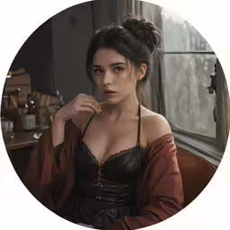 the girl wearing a leather outfit looks out the window
