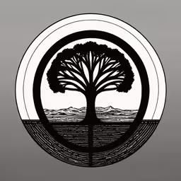 tree with sun circle on it, black and white drawing,a tree in the middle of a circular artwork