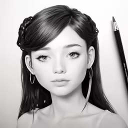 a woman standing in front of a drawing with a pencil