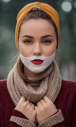 a woman wearing a scarf with a red lip in it