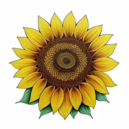a very large sunflower on a white surface,a sunflower that is yellow with green leaves