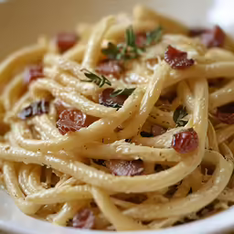 pasta carbonai with bacon and herbs in a bowl
