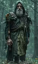 a man dressed in green in the woods