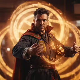 a man wearing a cape and standing in front of an orange object