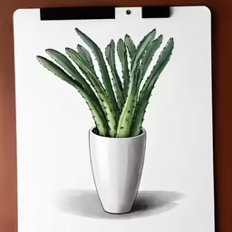 a drawing of a small cactus in a white pot