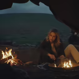 a person sitting in front of two bonfires next to an open fire pit