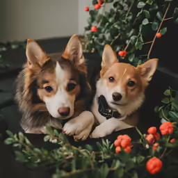 two brown and white dogs on some flowers