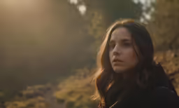 a young girl stares into the distance in an early fall sunset
