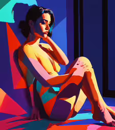 a painting of a girl sitting on the floor with her hands in her mouth,a woman is sitting on the floor with a bright painting behind her