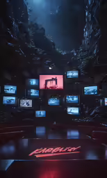 a dark room with multiple television screens all of which have red writing