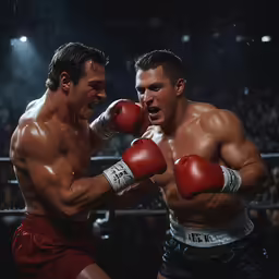 two male boxers in boxing ring facing each other