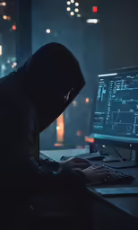 person wearing a hood is at a computer monitor