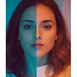 a woman with dark hair and blue eyes is next to another model with her face partially hidden