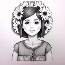 girl with flowers around her head, black and white,a drawing of a girl with sunflowers in her head