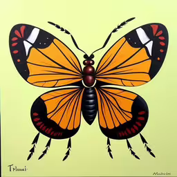 a butterfly with black and orange wings and red wings,a yellow butterfly that has wings with red, white and black stripes