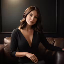 woman in black dress sitting on brown chair