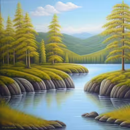 a painting of some water and trees,there is a painting of a lake and trees in the woods,a painting of trees and rocks on the edge of a river,a painting shows a mountain lake and trees,an artistic painting depicts green trees in the middle of water