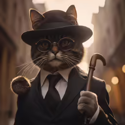 a black and white cat in a suit wearing a hat and holding an umbrella