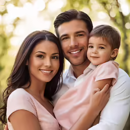 a family of three smiling together in the park