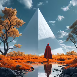 a man in a red cape walking towards a waterhole