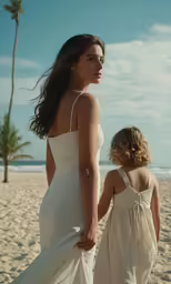 a woman and child walk along a beach